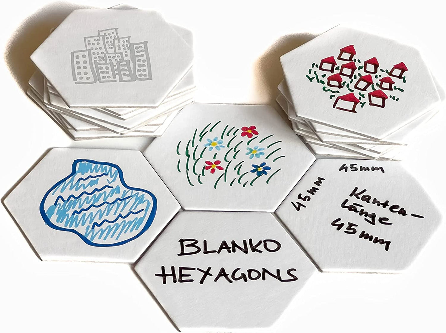 Spieltz Blanko Hexagons 45 mm - 6-eckige Kacheln für Hexfeld-Spielbretter